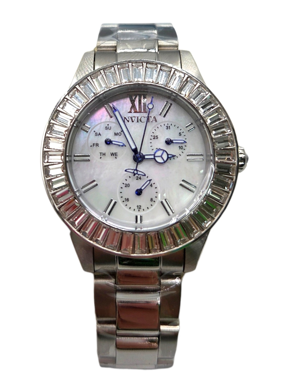 Invicta Silver Stainless Steel Watch with Mother-of-Pearl Dial and Blue Hands
